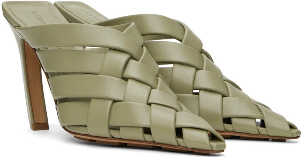Bottega Veneta Alfie Intreccio-Woven Rained Lambskin Mules Travertine EU 39.5